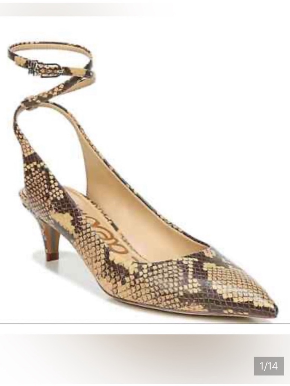 Sam Edelman Snake Print Pointed Toe Ankle Strap Heels in Tan and Brown